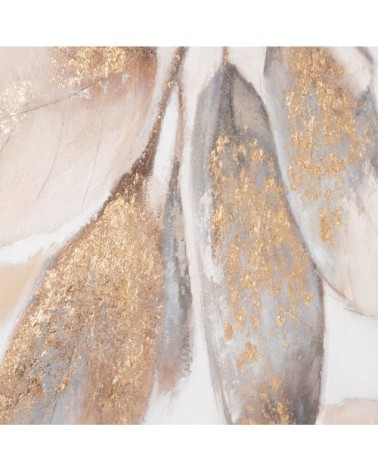 Toile imprimée et peinte feuilles écrues, grises et dorées 70x70