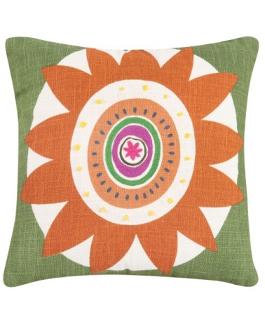 Housse de coussin en coton motifs brodés multicolores et franges en jute 40x40