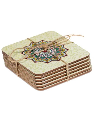 Sous-verres vert mandala 10x10cm - Lot de 6