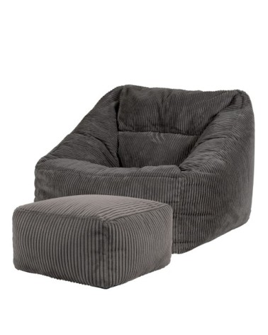 Pouf fauteuil avec repose-pied carré velours côtelé gris anthracite