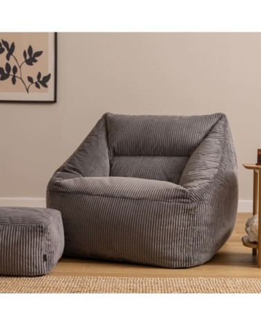 Pouf fauteuil avec repose-pied carré velours côtelé gris anthracite