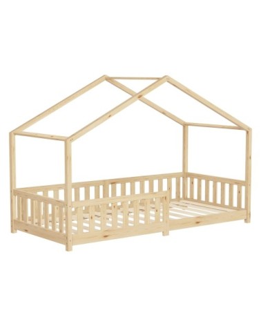 Lit enfant cabane au sol 90x200 cm naturel + sommier et anti-chute