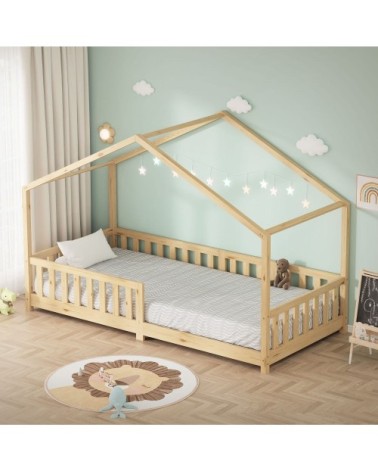Lit enfant cabane au sol 90x200 cm naturel + sommier et anti-chute