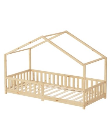 Lit enfant cabane au sol 90x200 cm naturel + sommier et anti-chute