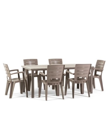 Ensemble table rectangulaire 180x90 cm et 6 chaises en résine taupe