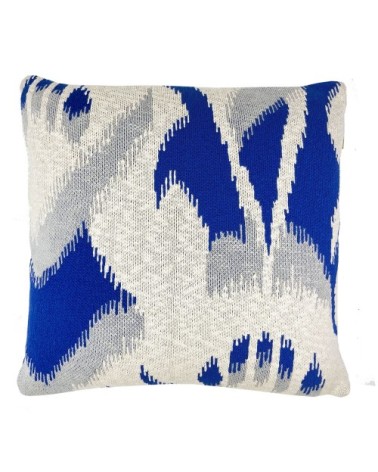 Coussin ikat tricoté bleu 50x50