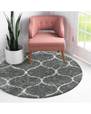 Tapis rond à poils longs et motifs alhambra gris 80x80cm