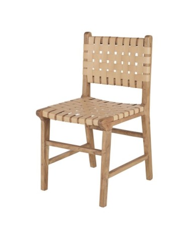 Chaise en cuir de buffle caramel et bois de manguier et acacia