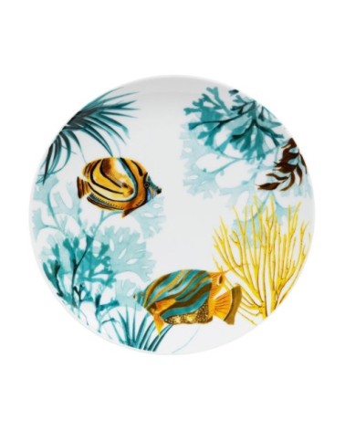 Assiette à dessert en porcelaine blanche motif fond marin multicolore