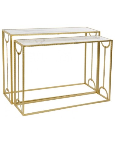 Set de 2 Consoles métal doré et plateaux marbre - 110x32.5x83.5cm