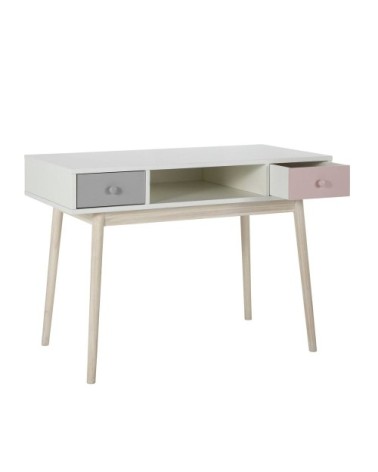 Bureau vintage blanc 2 tiroirs gris et rose