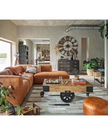 Table basse industrielle à roulettes en bois de manguier massif et métal L130