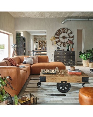 Table basse industrielle à roulettes en bois de manguier massif et métal L130