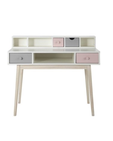 Bureau vintage blanc 2 tiroirs gris et rose