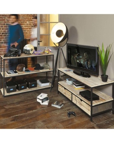 Console industrielle en bois de sapin massif et métal noir