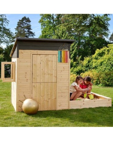 Maisonnette en bois avec bac à sable et manche à vent décoratif