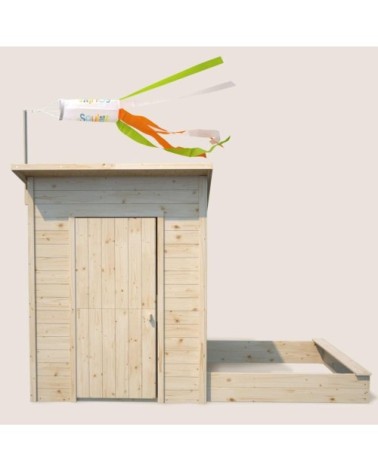 Maisonnette en bois avec bac à sable et manche à vent décoratif