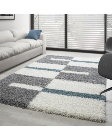 Tapis shaggy à motifs traits gris et turquoise 120x170cm