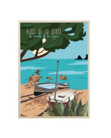 Affiche bord de mer bateaux de pêche bleu cadre bois 50x70 cm