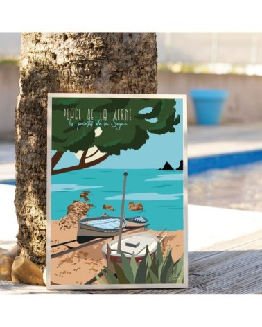 Affiche bord de mer bateaux de pêche bleu cadre bois 50x70 cm