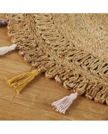 Tapis rond tressé jute à pompons en coton OEKO-TEX®