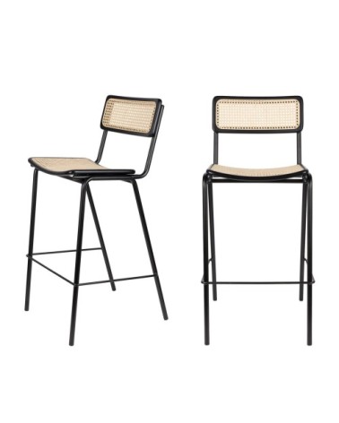 Lot de 2 tabourets de bar en cannage 77cm noir