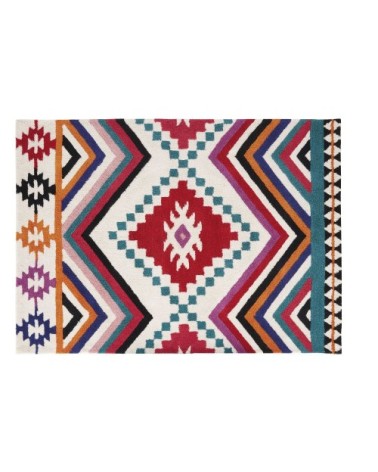 Tapis tufté en laine imprimé rose, bleu, écru et orange 160x230