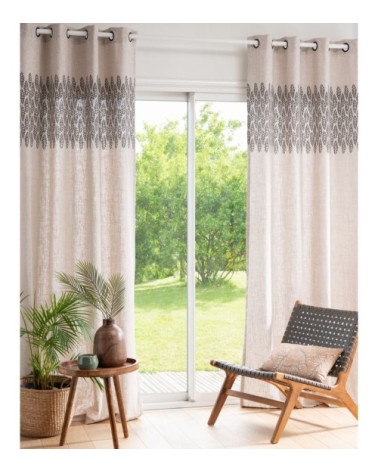 Rideau à illets imprimé beige et gris anthracite à l'unité 140x250