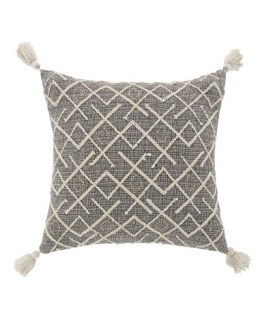 Coussin en coton tissé gris motifs graphiques brodés écrus 45x45
