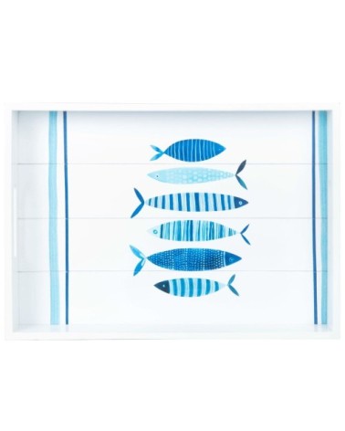 Plateau à lattes imprimé poissons bleus et blancs