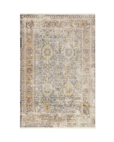 Tapis vintage bohème à poils ras et franges gris jaune 170x120