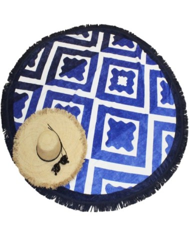 Serviette de plage éponge velours ronde bleue Seramiko 150