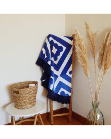 Serviette de plage éponge velours ronde bleue Seramiko 150