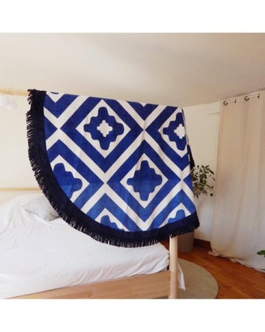 Serviette de plage éponge velours ronde bleue Seramiko 150