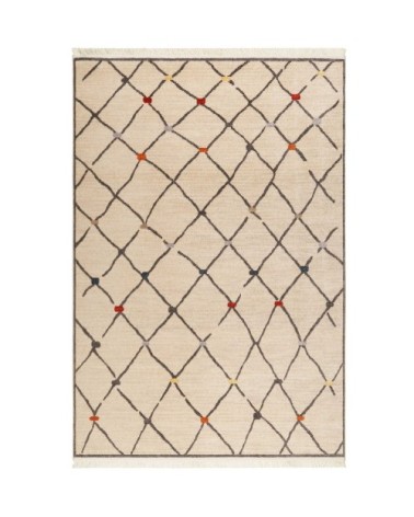 Tapis tissé ethnique chic à franges multicolore fond beige 133x200