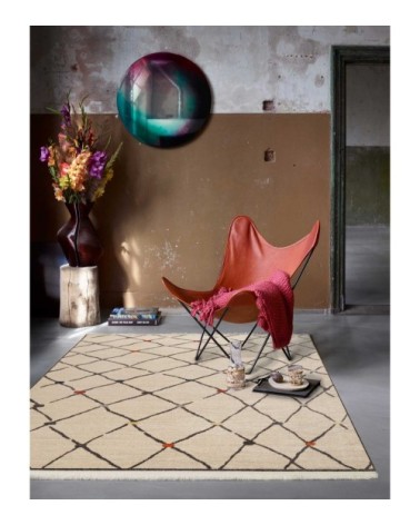 Tapis tissé ethnique chic à franges multicolore fond beige 160x225