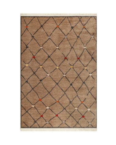 Tapis tissé ethnique chic à franges multicolore fond marron 160x225