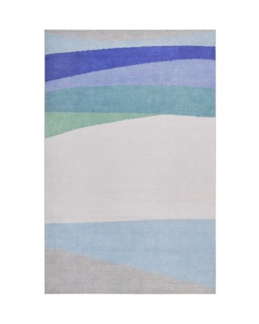 Tapis plat graphique bleu coton recyclé pour chambre, salon 190x290