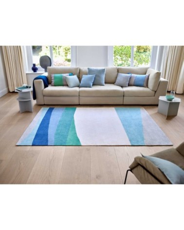 Tapis plat graphique bleu coton recyclé pour chambre, salon 190x290