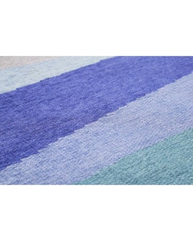 Tapis plat graphique bleu coton recyclé pour chambre, salon 190x290