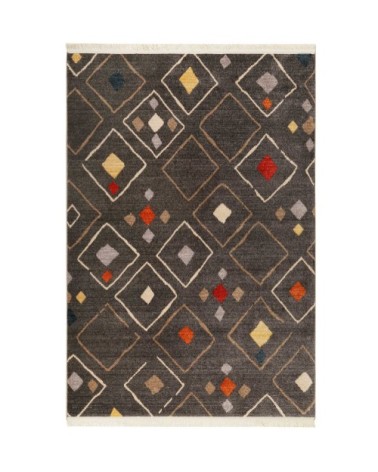 Tapis tissé ethnique chic à franges multicolore fond gris 160x225