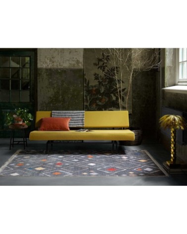 Tapis tissé ethnique chic à franges multicolore fond gris 160x225