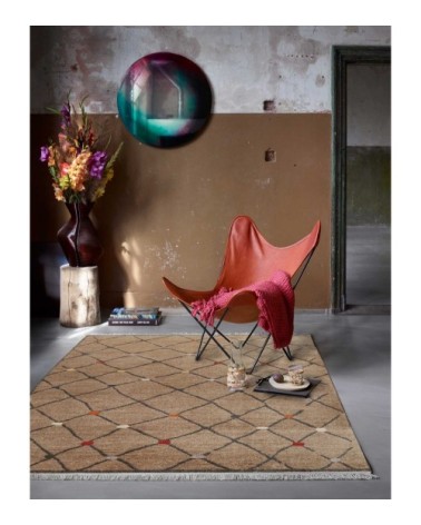 Tapis tissé ethnique chic à franges multicolore fond marron 133x200