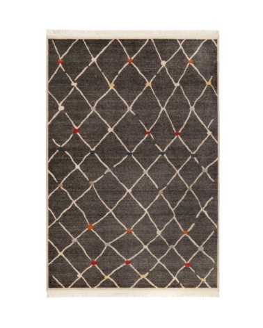 Tapis tissé ethnique chic à franges multicolore fond gris 160x225