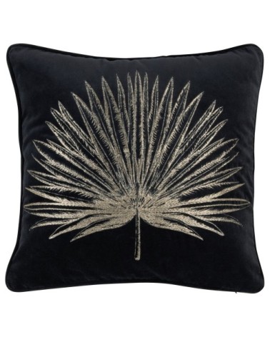 Coussin en velours de coton noir feuille de palme dorée brodée 45x45