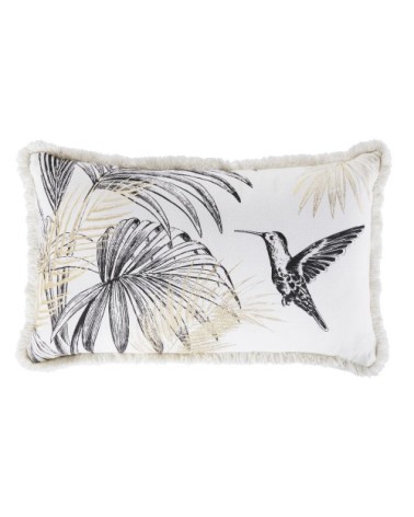 Coussin en coton blanc motif tropical imprimé noir et doré 30x50