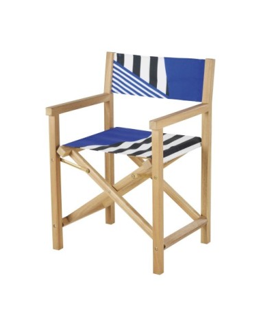 Fauteuil à dîner de jardin pliant en bois d'acacia et toile rayée bleue, noire et blanche