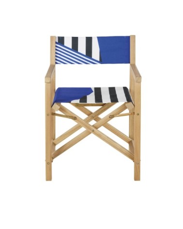 Fauteuil à dîner de jardin pliant en bois d'acacia et toile rayée bleue, noire et blanche