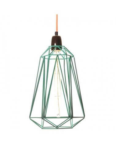 Lampe cage métallique bleue et cordon tissé orange