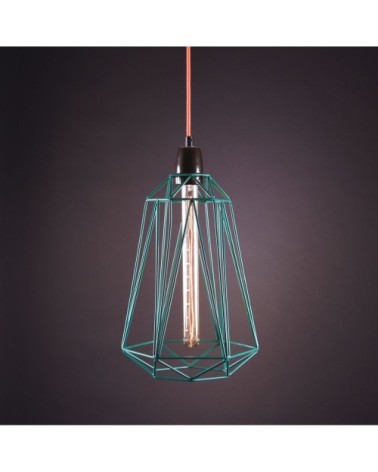 Lampe cage métallique bleue et cordon tissé orange